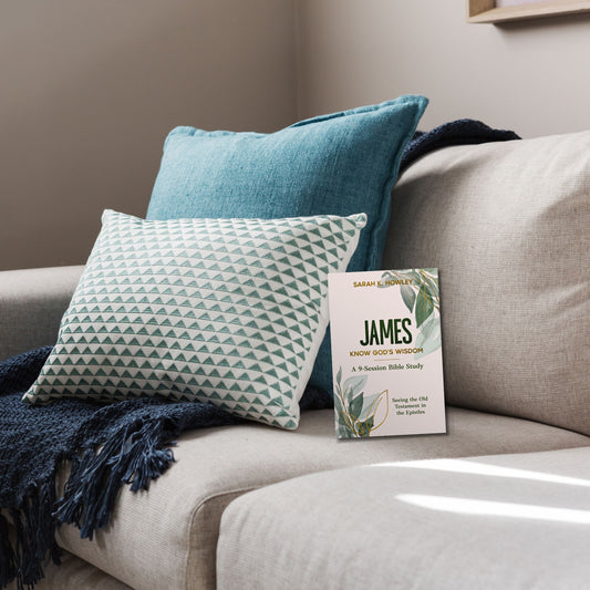 Bible study titled 'James: Know God's Wisdom' by Sarah Howley on a couch with decorative pillows and a blanket.