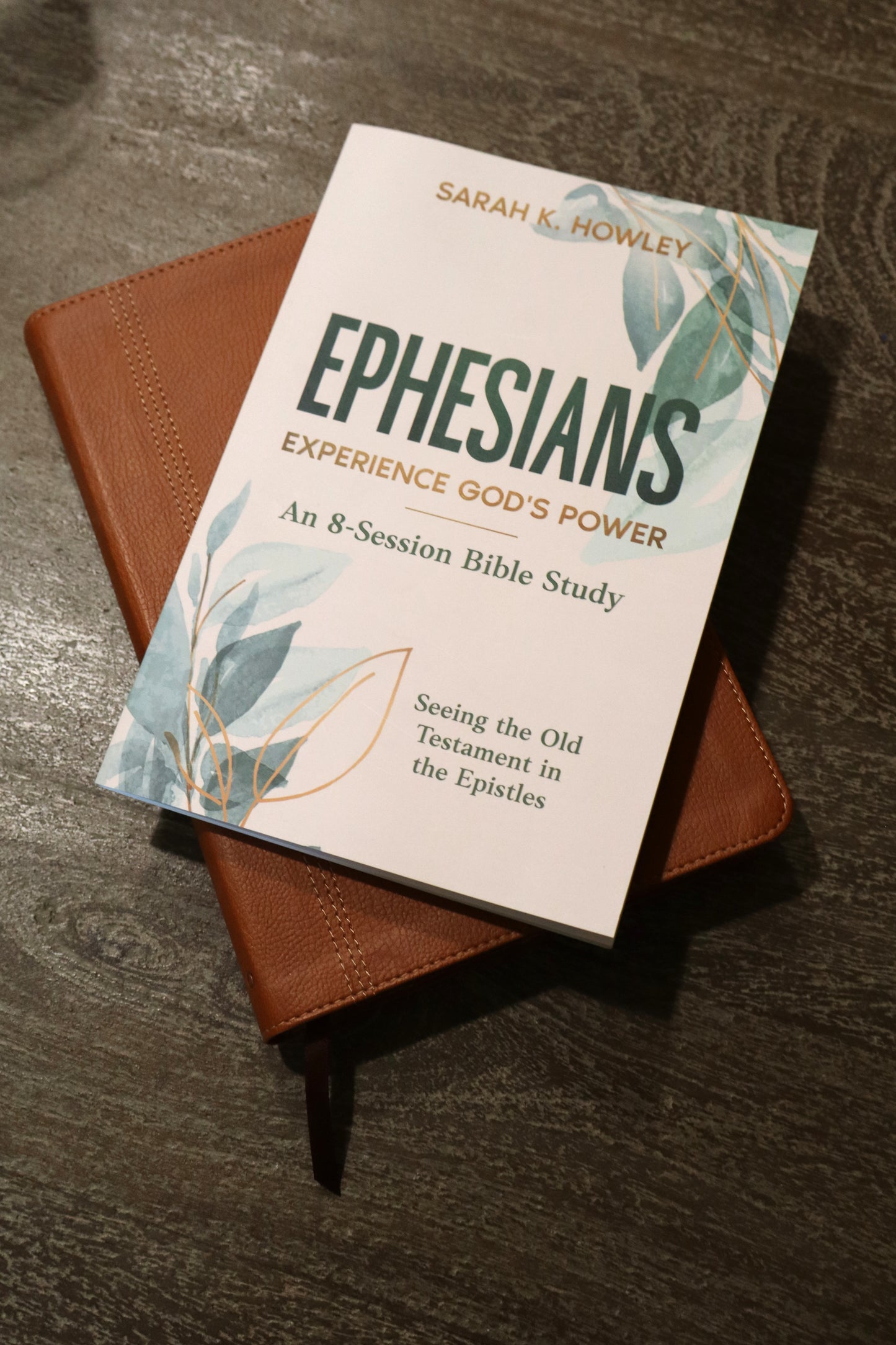 Bible study titled 'Ephesians: Experience God's Power' by Sarah K. Howley on a brown leather Bible.